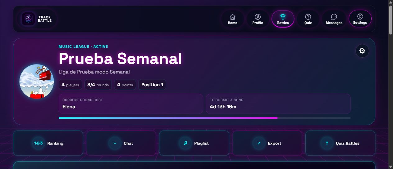 A Track Battle league in English showing the current host, deadline, standings and song export tools