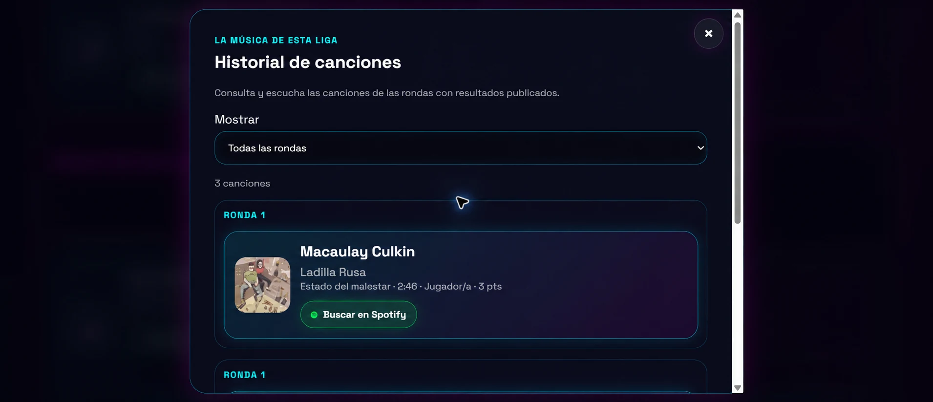 Historial de canciones de una liga, filtrado por rondas, con carátula y enlace para escucharlas