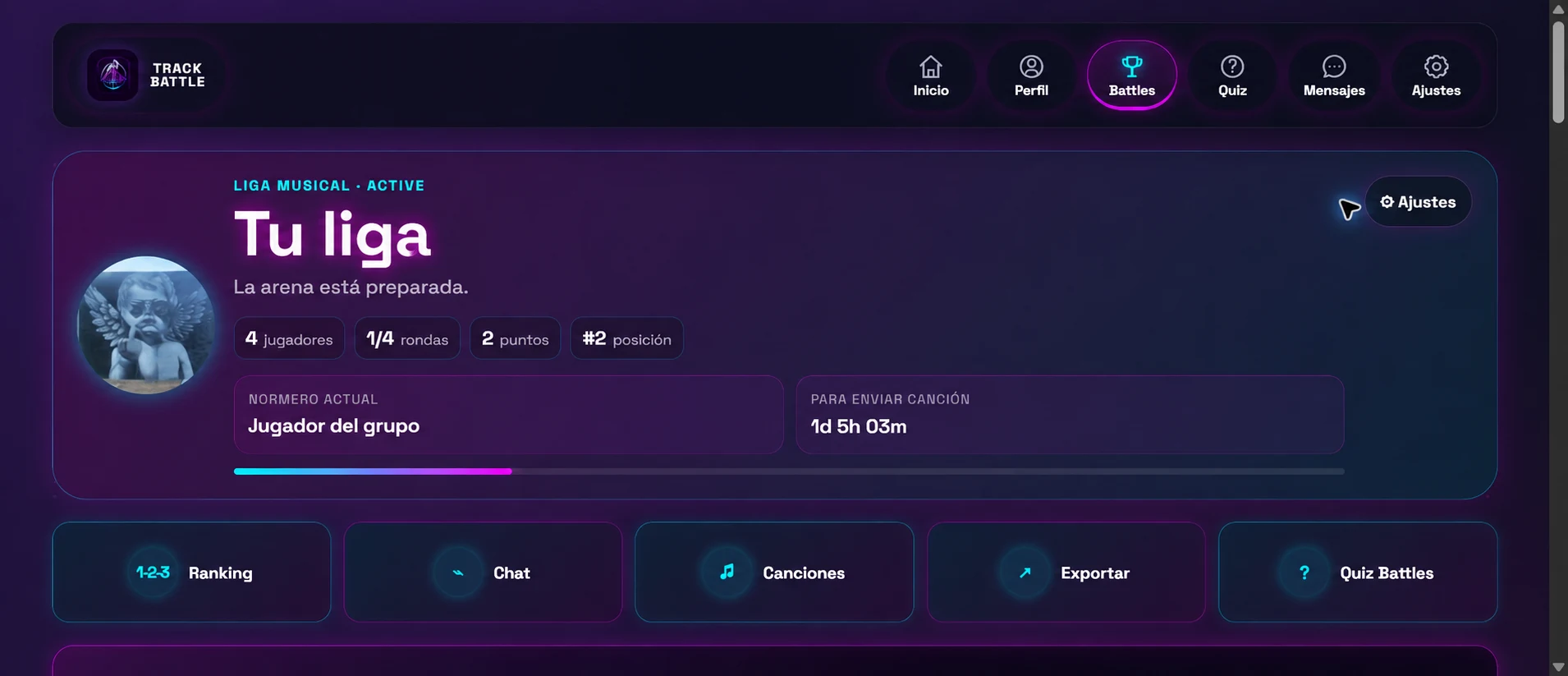 Liga musical de Track Battle con normero, plazo y accesos a ranking, canciones y exportación