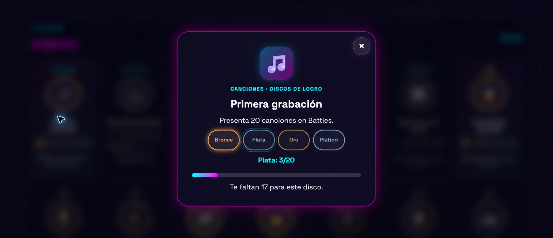 Detalle real de un logro con niveles bronce, plata, oro y platino y barra de progreso